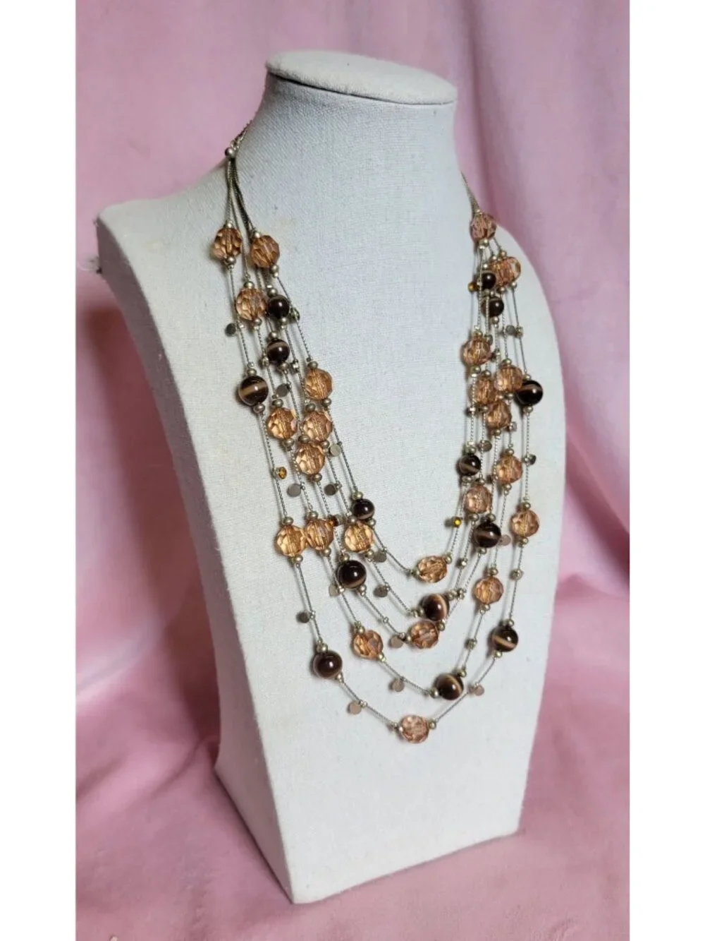 Two-toned Brown Cats Eye Layered Faceted Orange Rhinestone Costume Necklace N1A